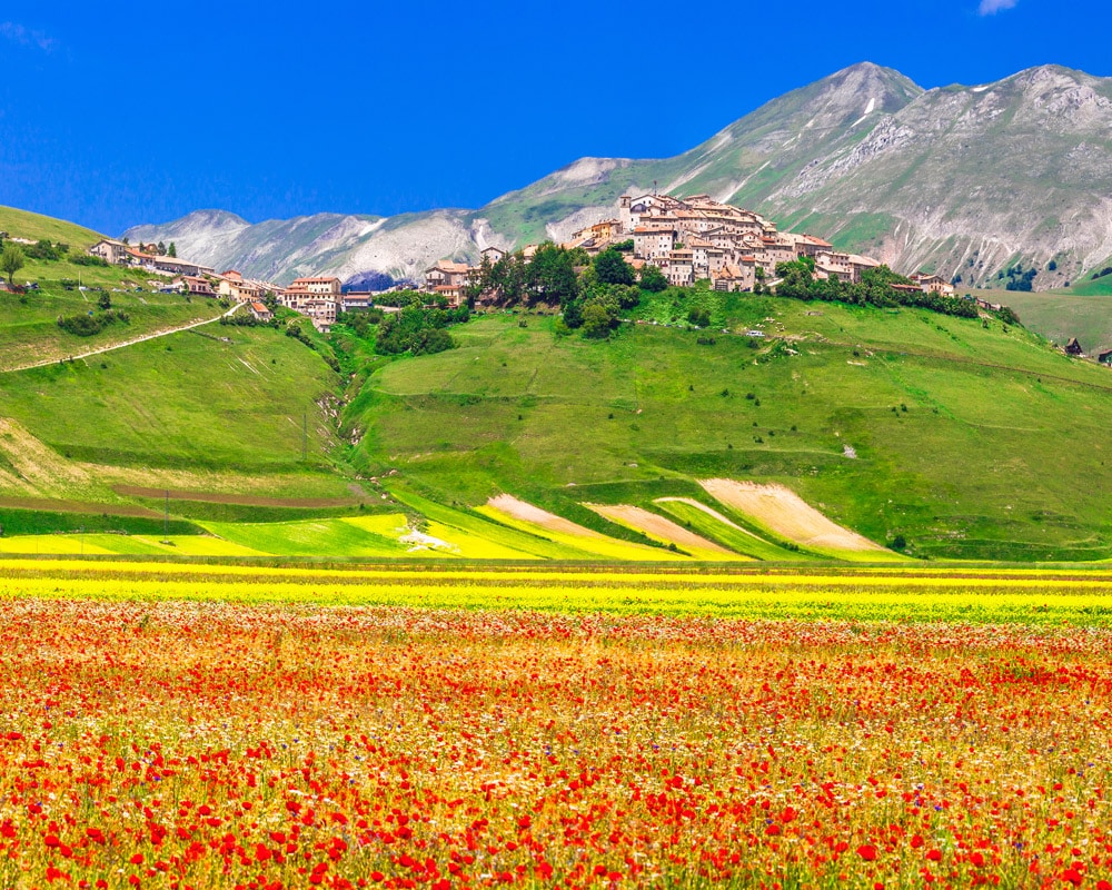Monti-Sibillini-Umbrien-AdobeStock_85170367 Den lille by Castelluccio i Monti Sibillini i Umbrien